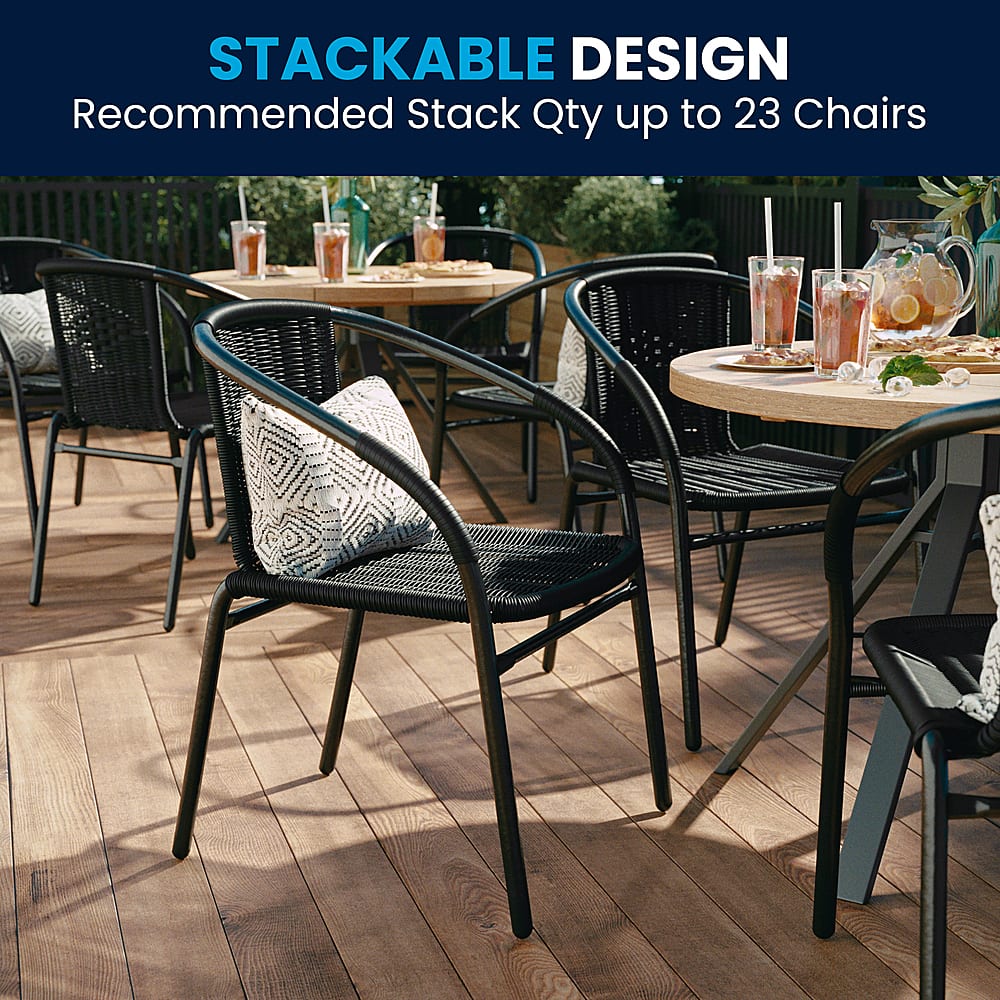 The image showcases a patio setting with a variety of stackable chairs arranged around dining tables. The chairs are black and have a woven design, making them suitable for outdoor use. The tables are accompanied by cups, bottles, and bowls, indicating that they are set up for a meal or gathering. The scene suggests that the chairs are recommended for stacking up to 23 chairs, which is a practical feature for efficient storage and easy arrangement of the furniture.
