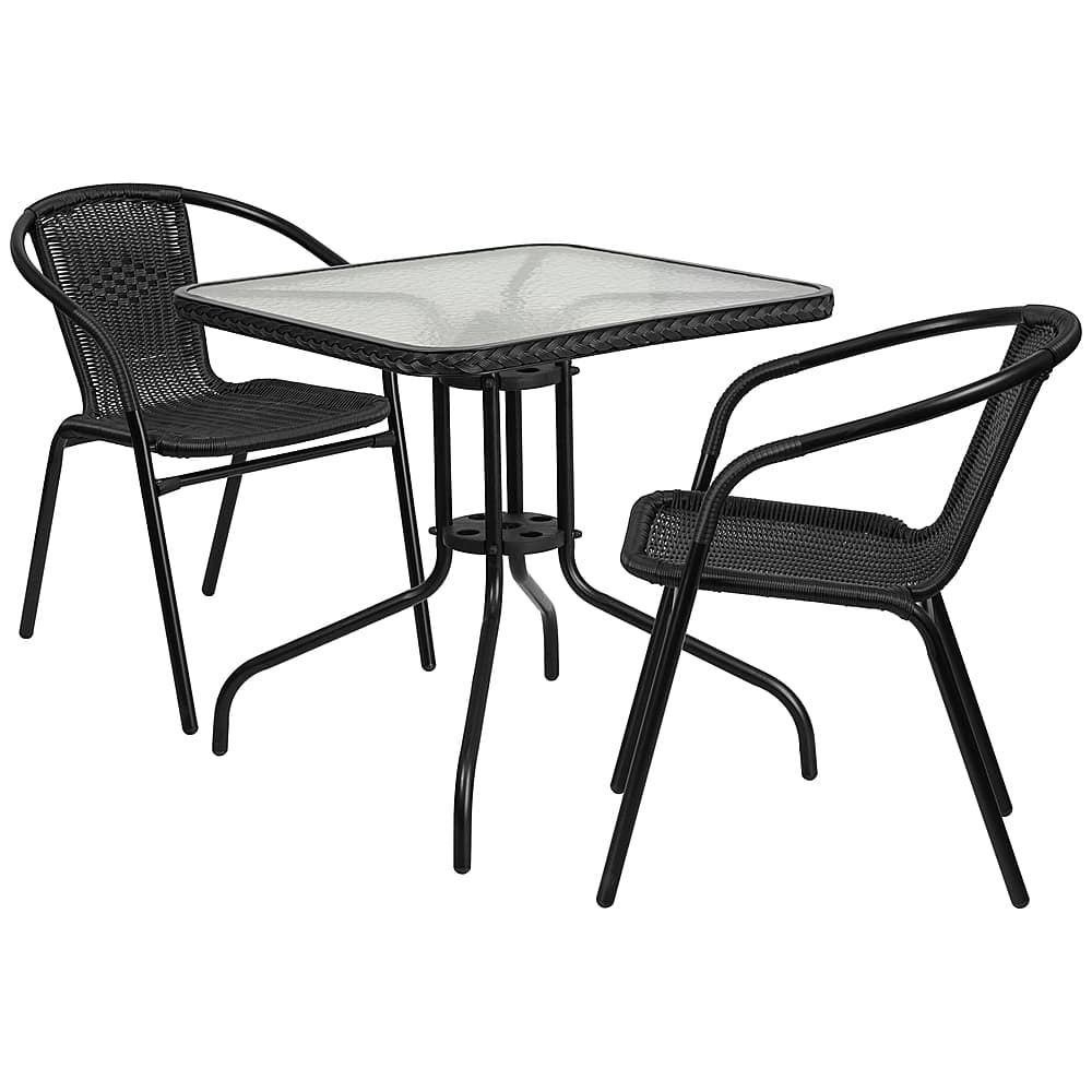 Front. Alamont Home - Lila Outdoor Square Contemporary Metal 3 Piece Patio Set - Clear Top/Black Rattan.
