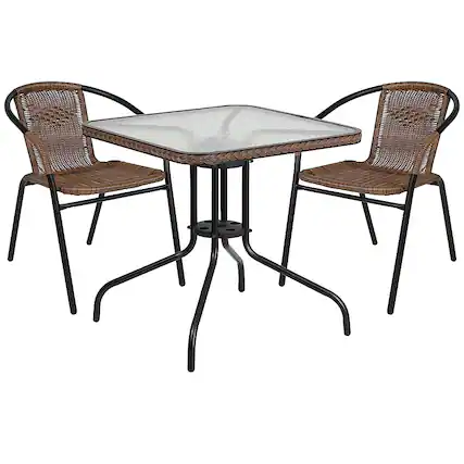 Front. Alamont Home - Lila Outdoor Square Contemporary Metal 3 Piece Patio Set - Clear Top/Dark Brown Rattan.