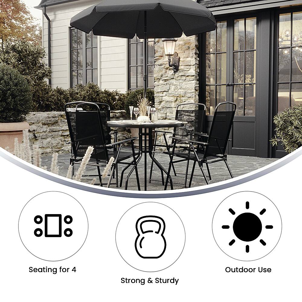 The image features a patio set with a table and four chairs, all of which are black. The table is surrounded by chairs, with two on each side and one at each end. The patio set is situated under a large umbrella, providing shade and protection from the elements. The umbrella is open, covering the entire area of the table and chairs. The outdoor setting is ideal for socializing or enjoying a meal in a comfortable and shaded environment.