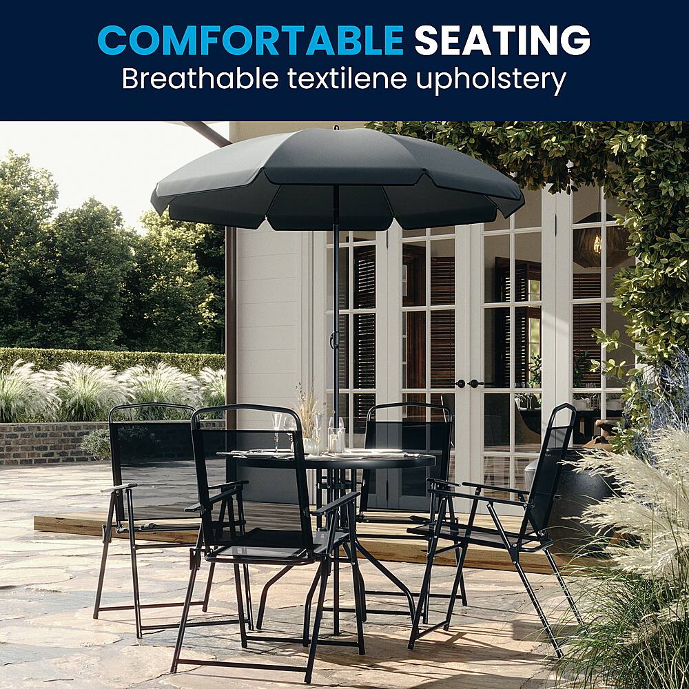 The image showcases a comfortable outdoor seating arrangement with a black dining table and four black chairs. The table is accompanied by an umbrella, providing shade and protection from the elements. The chairs are arranged around the table, creating a cozy and inviting atmosphere for outdoor dining or socializing. The textile upholstery on the chairs adds to the comfort and breathability of the seating, making it an ideal choice for outdoor settings.