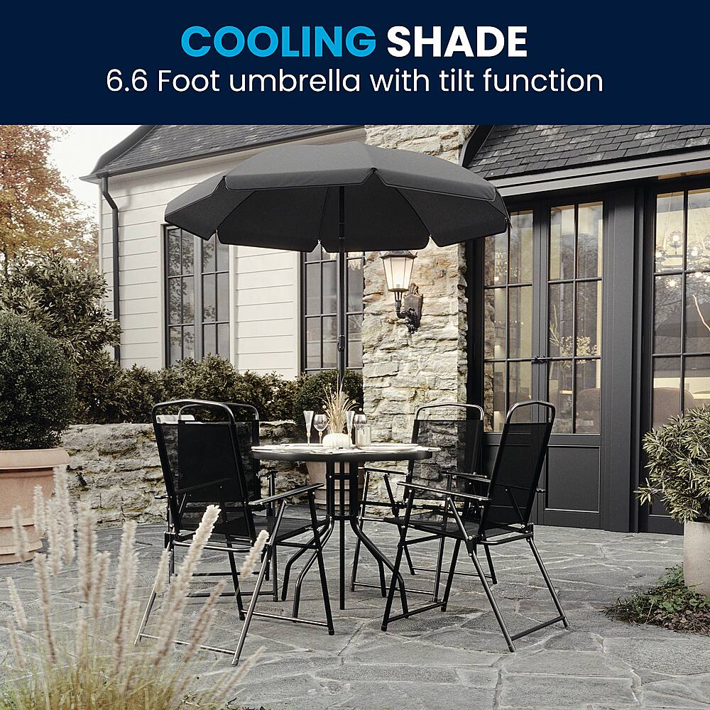 The image features a patio set with a 6.6 foot umbrella that has a tilt function. The umbrella is providing shade to the area, making it a cooling shade for the people to enjoy. The patio set includes a table and chairs, creating a comfortable outdoor seating arrangement.