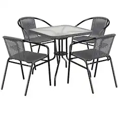 Front. Alamont Home - Lila Outdoor Square Contemporary Metal 5 Piece Patio Set - Clear Top/Gray Rattan.