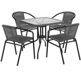 Alamont Home - Lila Outdoor Square Contemporary Metal 5 Piece Patio Set - Clear Top/Gray Rattan