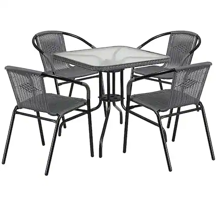 Front. Alamont Home - Lila Outdoor Square Contemporary Metal 5 Piece Patio Set - Clear Top/Gray Rattan.