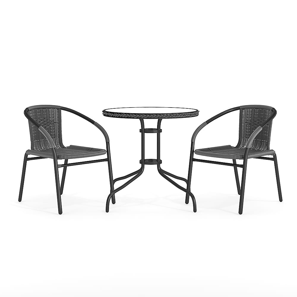 Front. Alamont Home - Lila Outdoor Round Contemporary Metal 3 Piece Patio Set - Clear Top/Gray Rattan.
