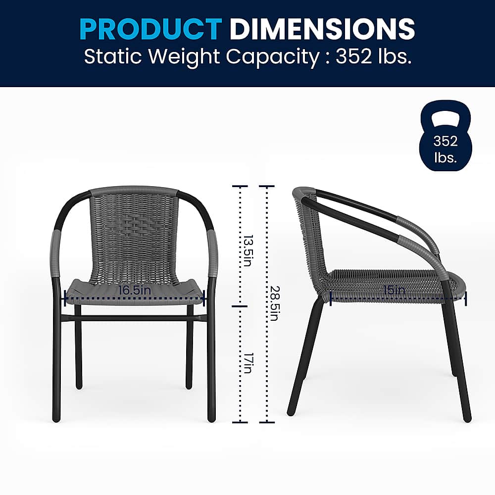 The image features a chair with a weight capacity of 352 lbs. The chair has a height of 16.5 inches, a width of 13.5 inches, and a length of 28.5 inches. The chair is made of metal and has a woven design.
