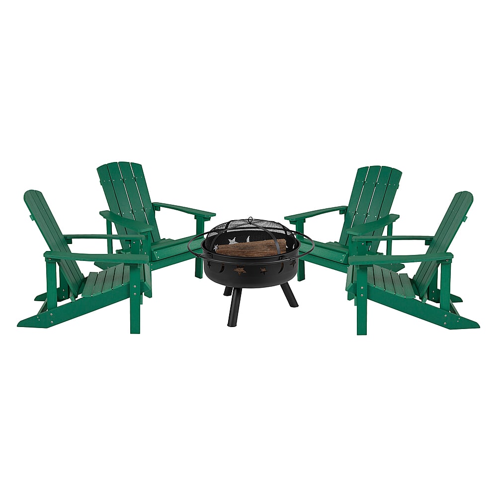 Front. Alamont Home - Charlestown Star and Moon Fire Pit with Mesh Cover & 4 Poly Resin Adirondack Chairs - Green.