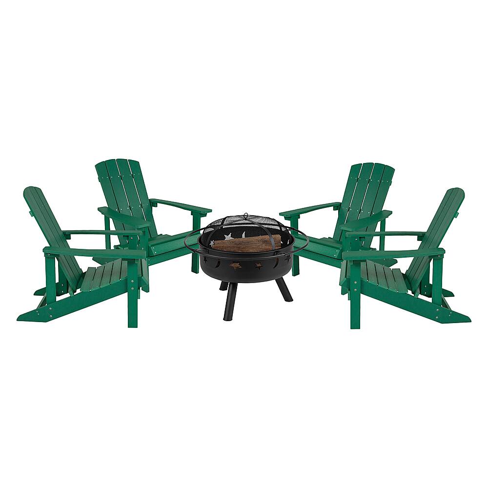 Front. Alamont Home - Charlestown Star and Moon Fire Pit with Mesh Cover & 4 Poly Resin Adirondack Chairs - Green.