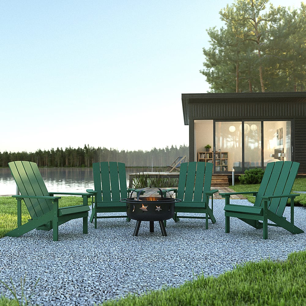 Alt View 11. Alamont Home - Charlestown Star and Moon Fire Pit with Mesh Cover & 4 Poly Resin Adirondack Chairs - Green.