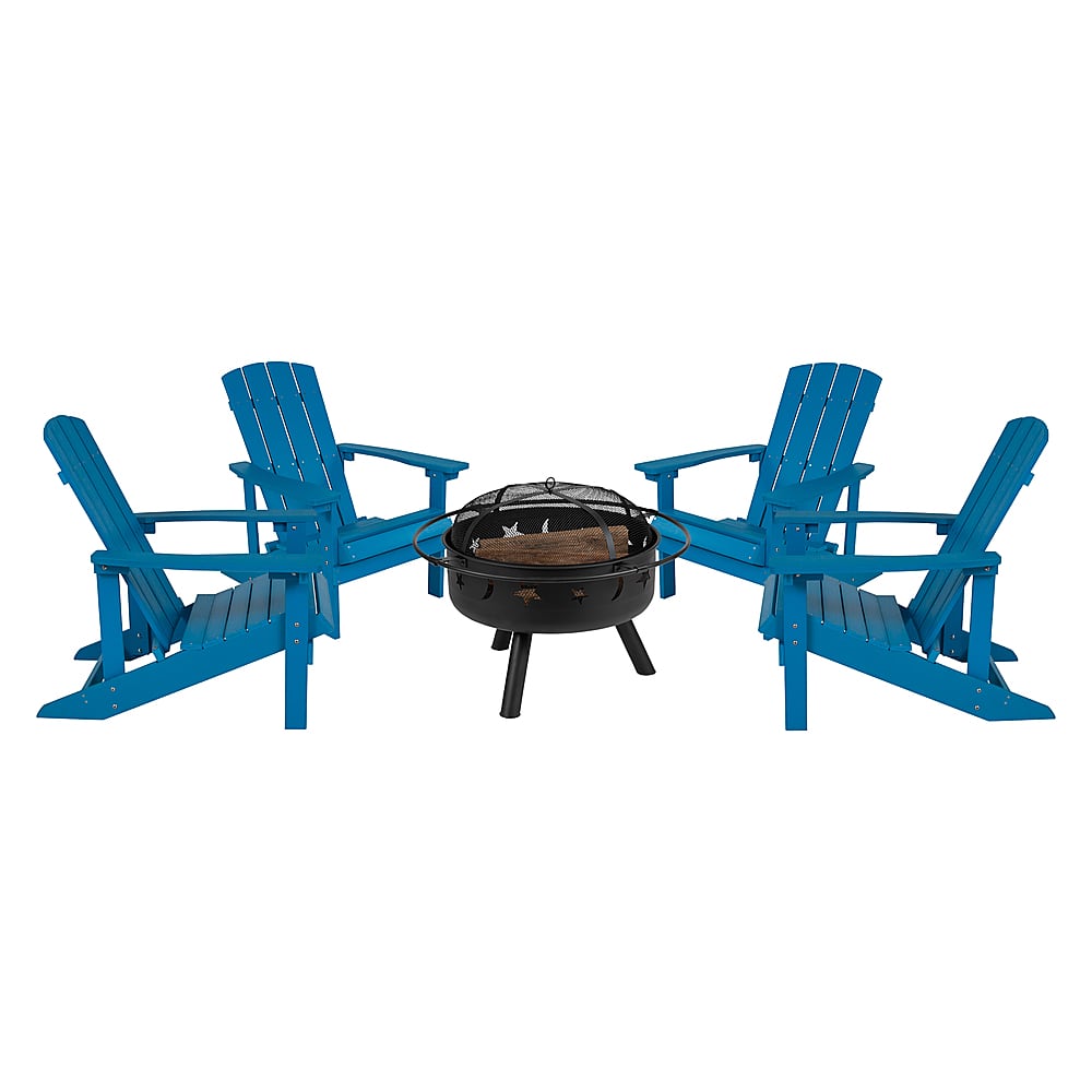Alamont Home - Charlestown Star and Moon Fire Pit with Mesh Cover & 4 Poly Resin Adirondack Chairs - Blue - Front_Zoom