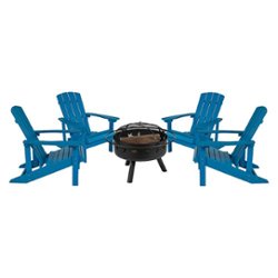Flash Furniture - Charlestown Star and Moon Fire Pit with Mesh Cover & 4 Blue Poly Resin Adirondack Chairs - Blue - Front_Zoom