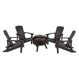 Alamont Home - Charlestown Star & Moon Fire Pit with Mesh Cover & 4 Poly Resin Adirondack Chairs - Slate Gray