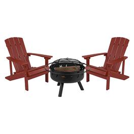Alamont Home - Charlestown Star and Moon Fire Pit with Mesh Cover & 2 Poly Resin Adirondack Chairs - Red