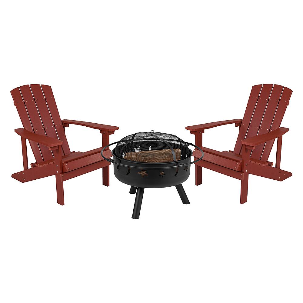 Front. Alamont Home - Charlestown Star and Moon Fire Pit with Mesh Cover & 2 Poly Resin Adirondack Chairs - Red.