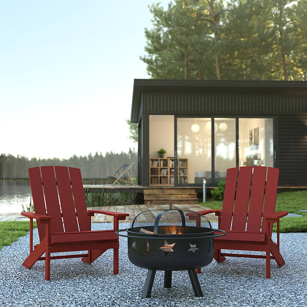 Alt View 11. Alamont Home - Charlestown Star and Moon Fire Pit with Mesh Cover & 2 Poly Resin Adirondack Chairs - Red.