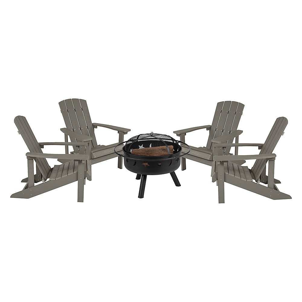 Front. Alamont Home - Charlestown Star and Moon Fire Pit with Mesh Cover & 4 Lt. Gray Poly Resin Adirondack Chairs - Light Gray.