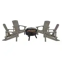 Alamont Home - Charlestown Star and Moon Fire Pit with Mesh Cover & 4 Lt. Gray Poly Resin Adirondack Chairs - Light Gray - Front_Zoom