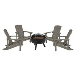 Flash Furniture - Charlestown Star and Moon Fire Pit with Mesh Cover & 4 Lt. Gray Poly Resin Adirondack Chairs - Light Gray - Front_Zoom