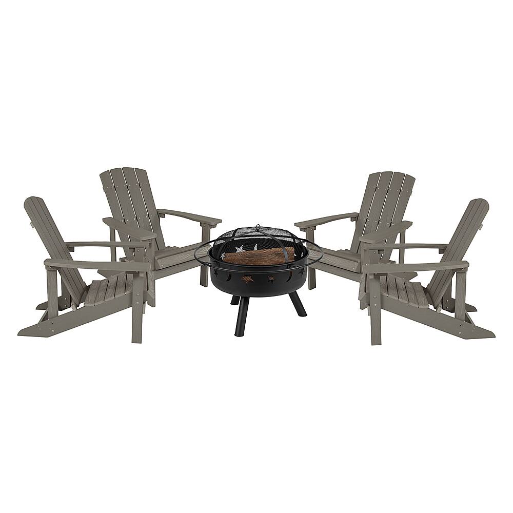 Front. Alamont Home - Charlestown Star and Moon Fire Pit with Mesh Cover & 4 Lt. Gray Poly Resin Adirondack Chairs - Light Gray.