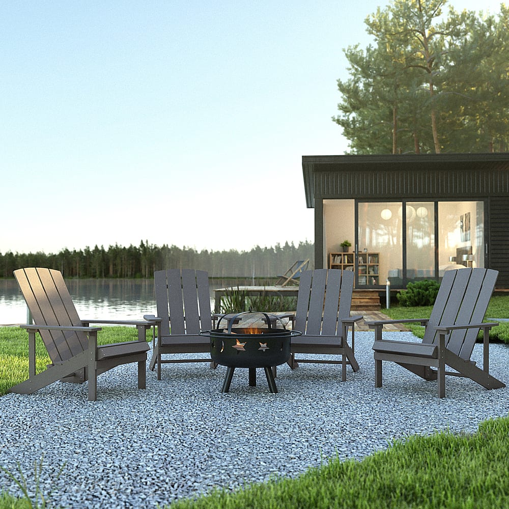 Alt View 11. Alamont Home - Charlestown Star and Moon Fire Pit with Mesh Cover & 4 Lt. Gray Poly Resin Adirondack Chairs - Light Gray.