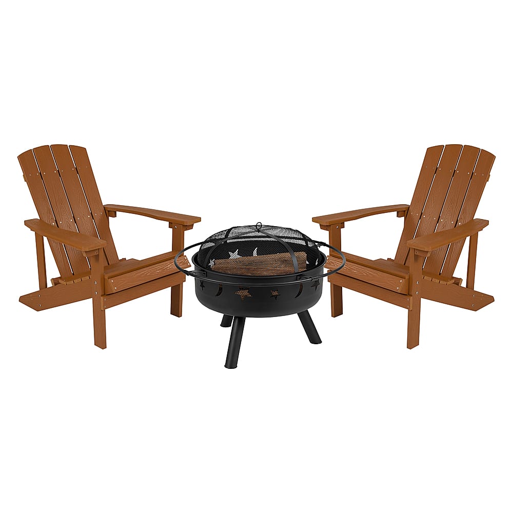 Front. Alamont Home - Charlestown Star and Moon Fire Pit with Mesh Cover & 2 Poly Resin Adirondack Chairs - Teak.