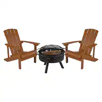 Alamont Home - Charlestown Star and Moon Fire Pit with Mesh Cover & 2 Poly Resin Adirondack Chairs - Teak - Front_Zoom