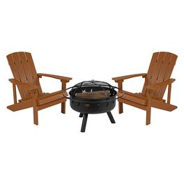 Alamont Home - Charlestown Star and Moon Fire Pit with Mesh Cover & 2 Poly Resin Adirondack Chairs - Teak