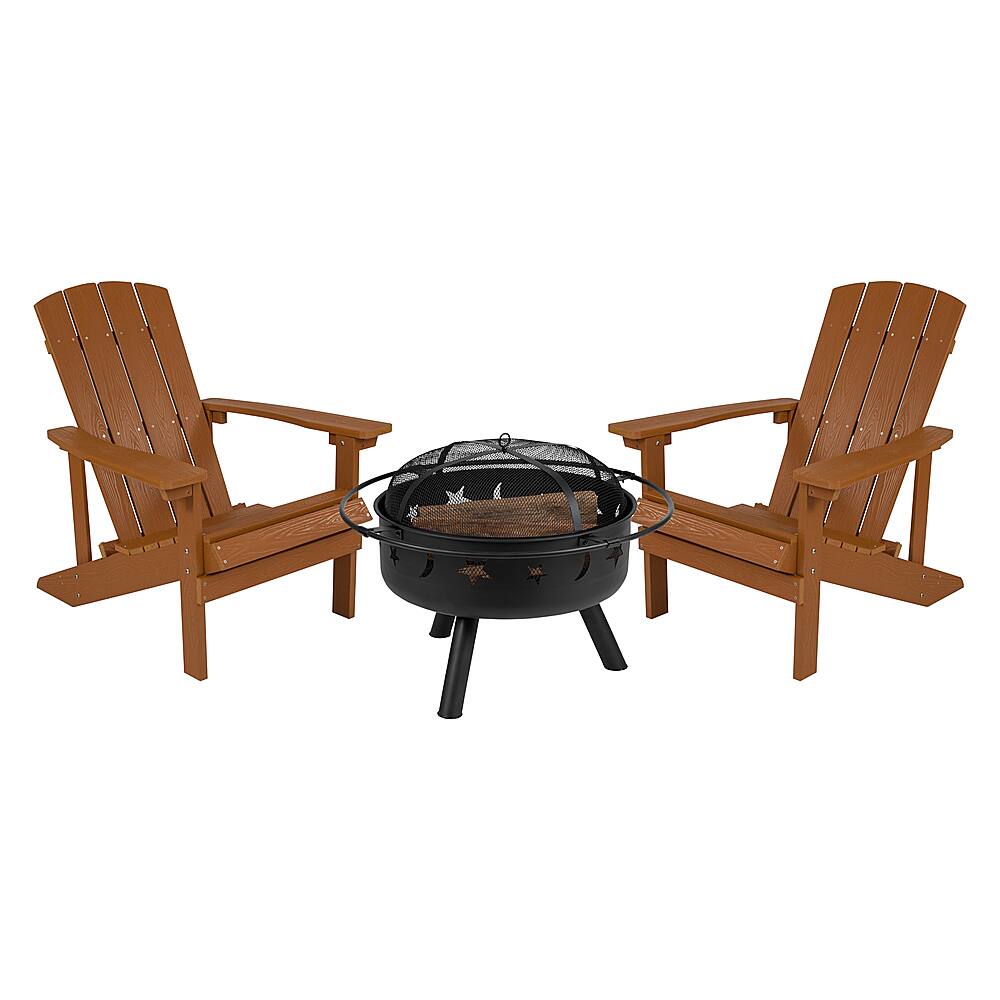 Front. Alamont Home - Charlestown Star and Moon Fire Pit with Mesh Cover & 2 Poly Resin Adirondack Chairs - Teak.