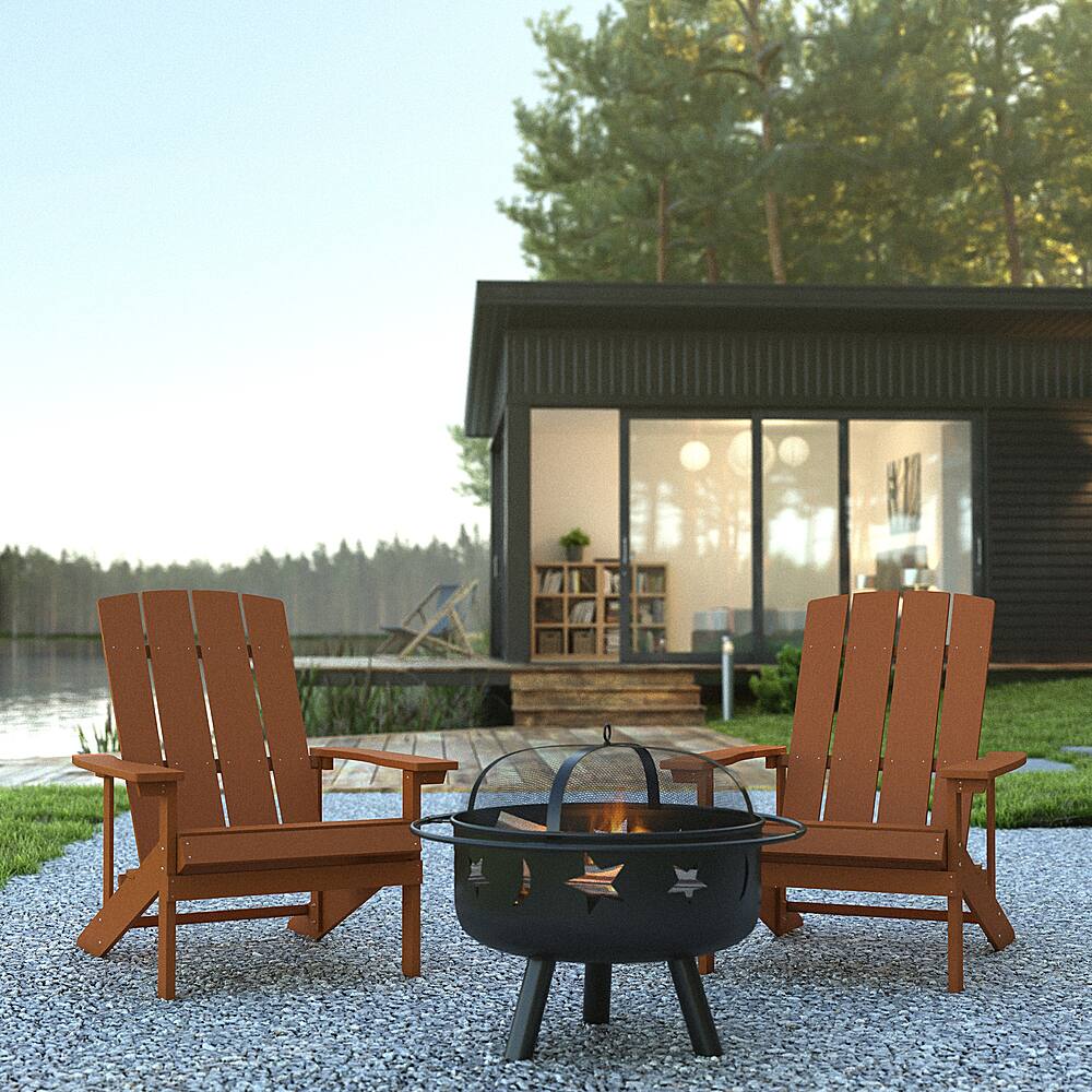 Alt View 11. Alamont Home - Charlestown Star and Moon Fire Pit with Mesh Cover & 2 Poly Resin Adirondack Chairs - Teak.