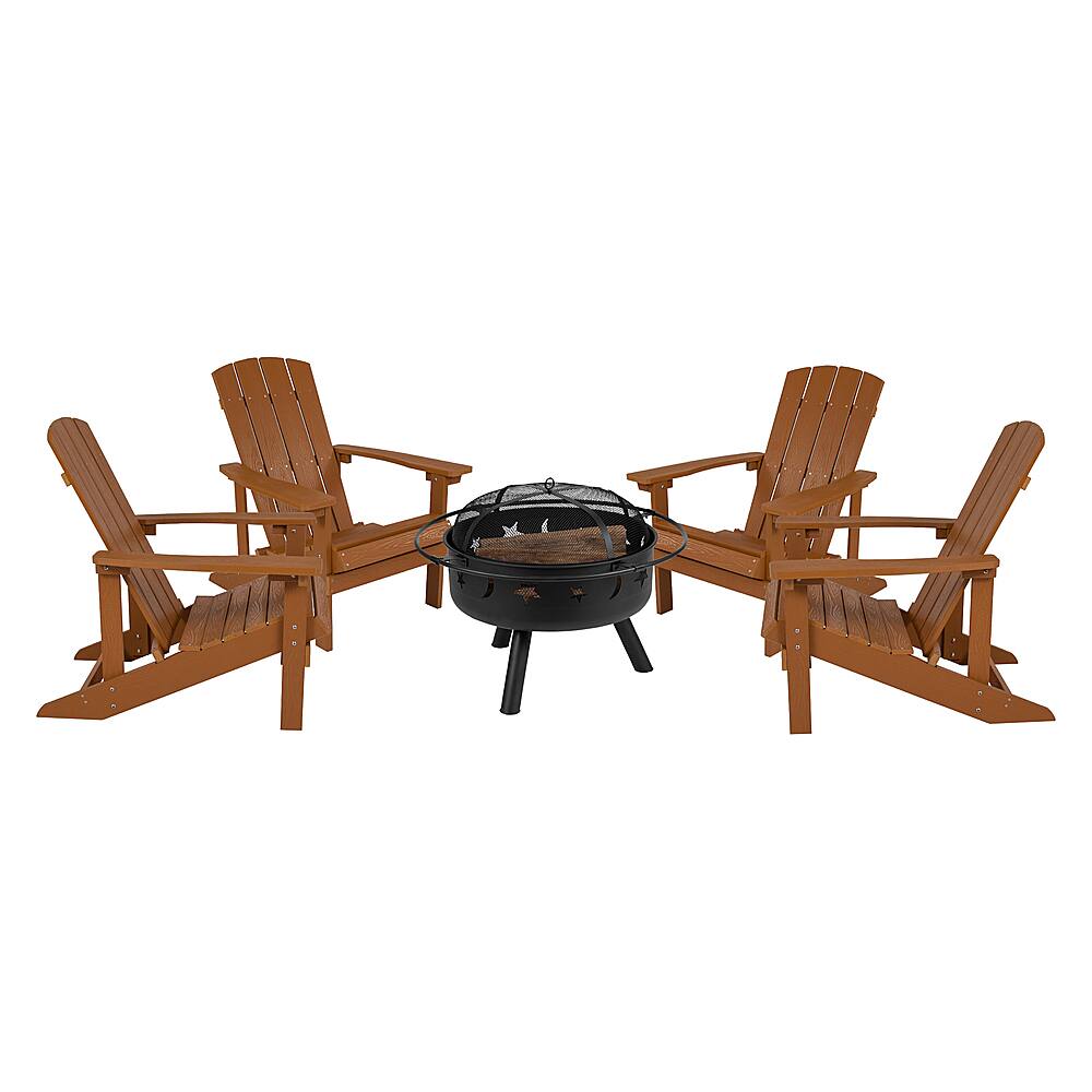 Front. Alamont Home - Charlestown Star and Moon Fire Pit with Mesh Cover & 4 Poly Resin Adirondack Chairs - Teak.