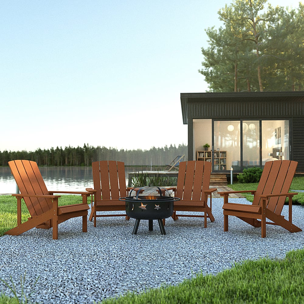 Alt View 11. Alamont Home - Charlestown Star and Moon Fire Pit with Mesh Cover & 4 Poly Resin Adirondack Chairs - Teak.