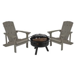 Flash Furniture - Charlestown Star and Moon Fire Pit with Mesh Cover & 2 Lt. Gray Poly Resin Adirondack Chairs - Light Gray - Front_Zoom