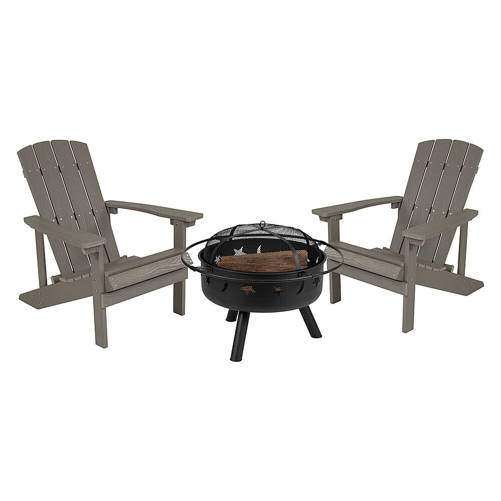Front. Alamont Home - Charlestown Star and Moon Fire Pit with Mesh Cover & 2 Lt. Gray Poly Resin Adirondack Chairs - Light Gray.