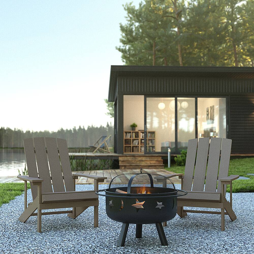 Alt View 11. Alamont Home - Charlestown Star and Moon Fire Pit with Mesh Cover & 2 Lt. Gray Poly Resin Adirondack Chairs - Light Gray.