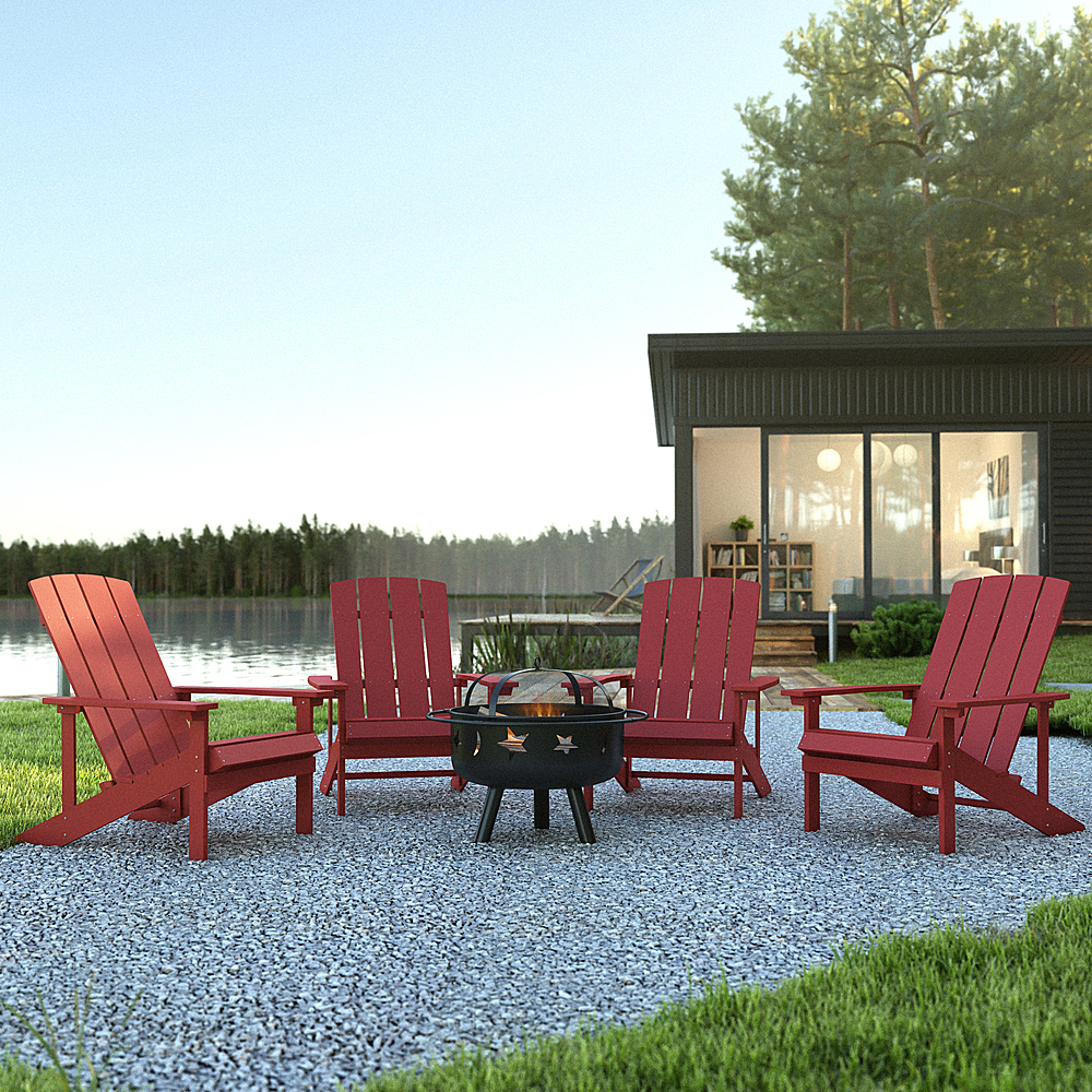 Alt View 11. Alamont Home - Charlestown Star and Moon Fire Pit with Mesh Cover & 4 Poly Resin Adirondack Chairs - Red.