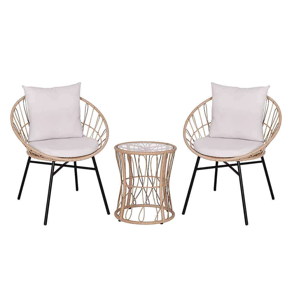 Front. Alamont Home - Devon Outdoor Round Bohemian Wicker/Rattan 3 Piece Patio Set - Tan/Light Gray.