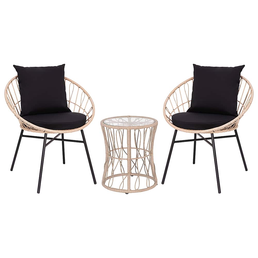 Front. Alamont Home - Devon Outdoor Round Bohemian Wicker/Rattan 3 Piece Patio Set - Tan/Black.