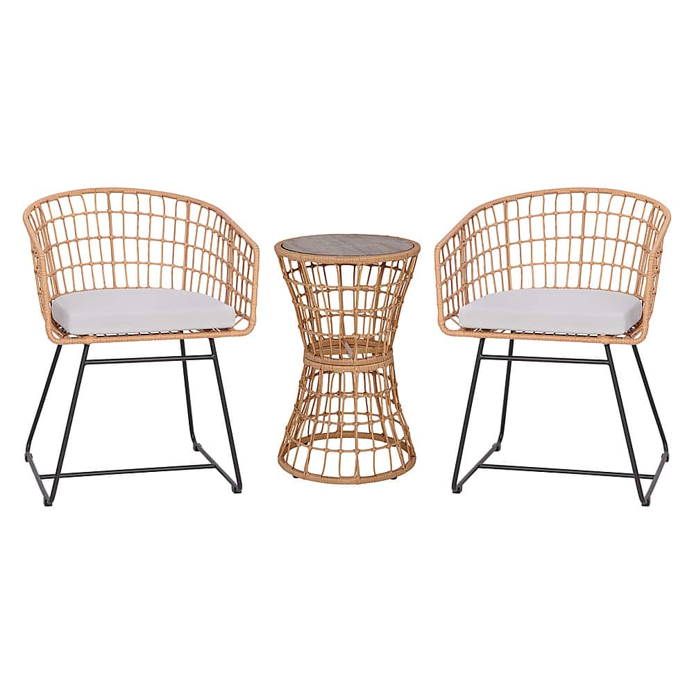 Front. Alamont Home - Devon Outdoor Round Bohemian Wicker/Rattan 3 Piece Patio Set - Natural/Light Gray.