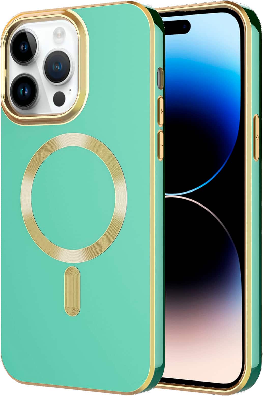 Angle. AMPD - Gold Bumper Soft Case with MagSafe for Apple iPhone 14 Pro - Light Green.