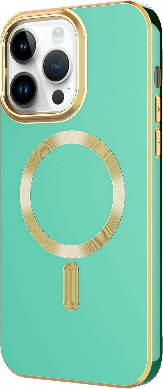Left. AMPD - Gold Bumper Soft Case with MagSafe for Apple iPhone 14 Pro - Light Green.