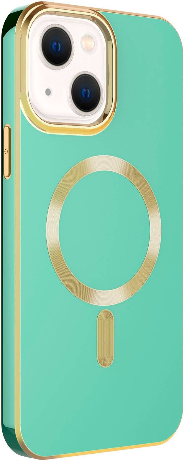 Angle. AMPD - Gold Bumper Soft Case with MagSafe for Apple iPhone 14 / iPhone 13 - Light Green.