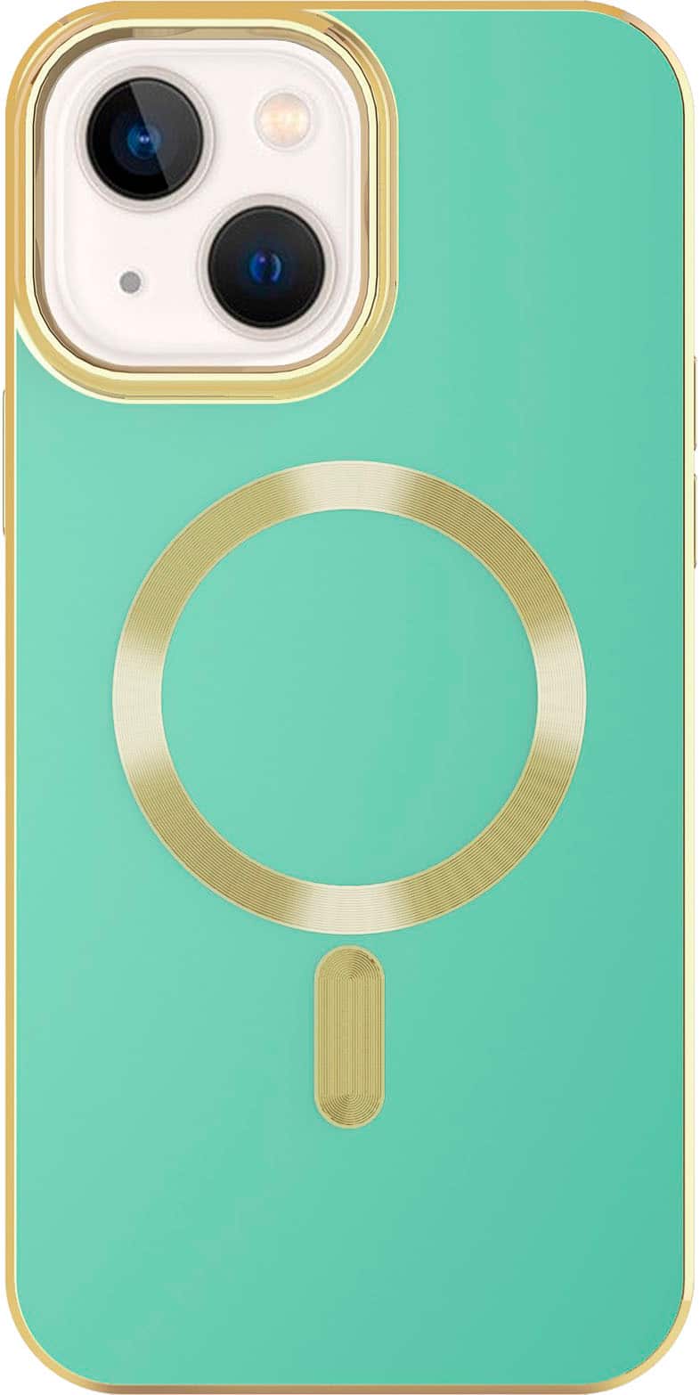 Front. AMPD - Gold Bumper Soft Case with MagSafe for Apple iPhone 14 / iPhone 13 - Light Green.
