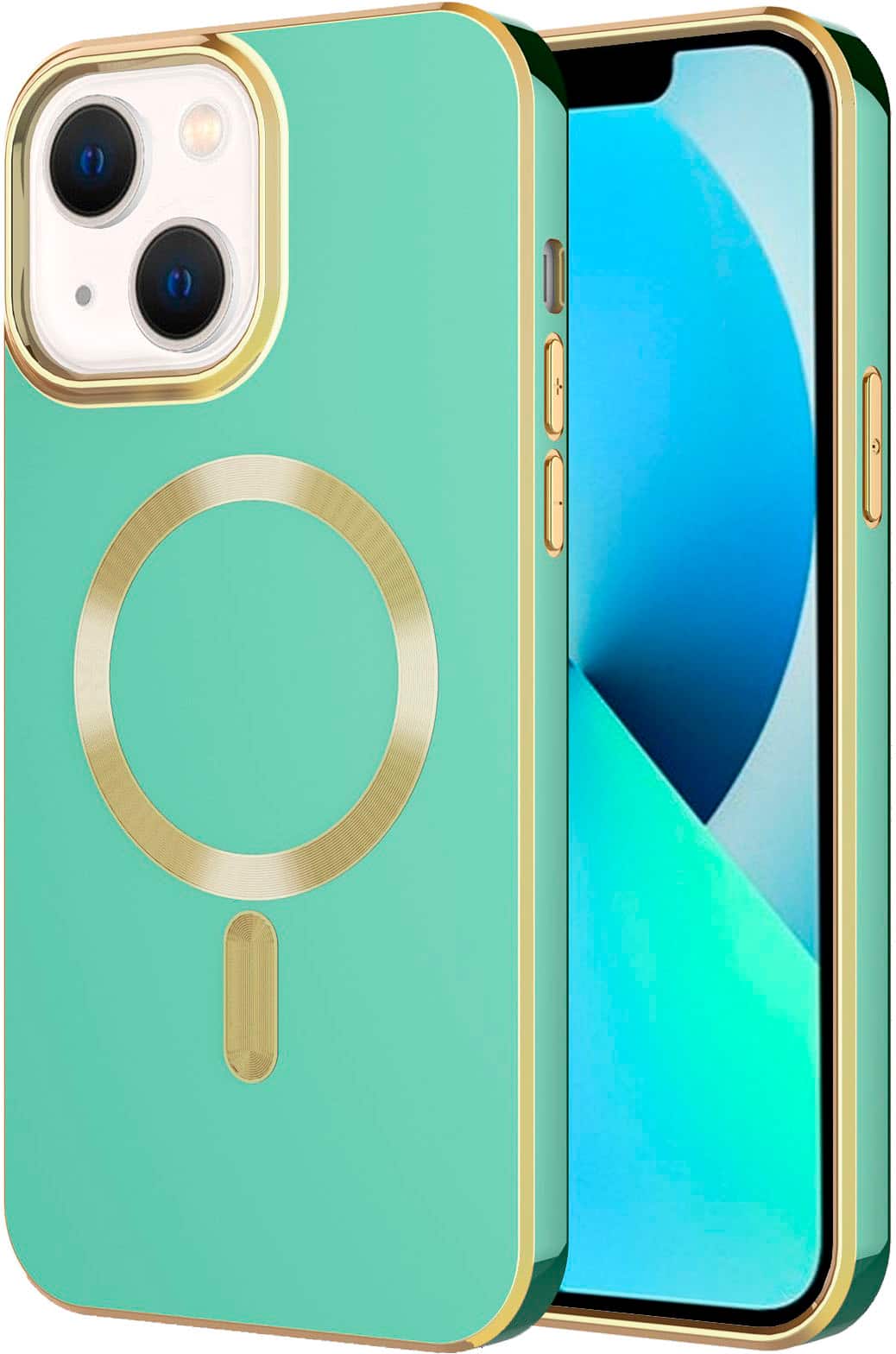 Alt View 1. AMPD - Gold Bumper Soft Case with MagSafe for Apple iPhone 14 / iPhone 13 - Light Green.
