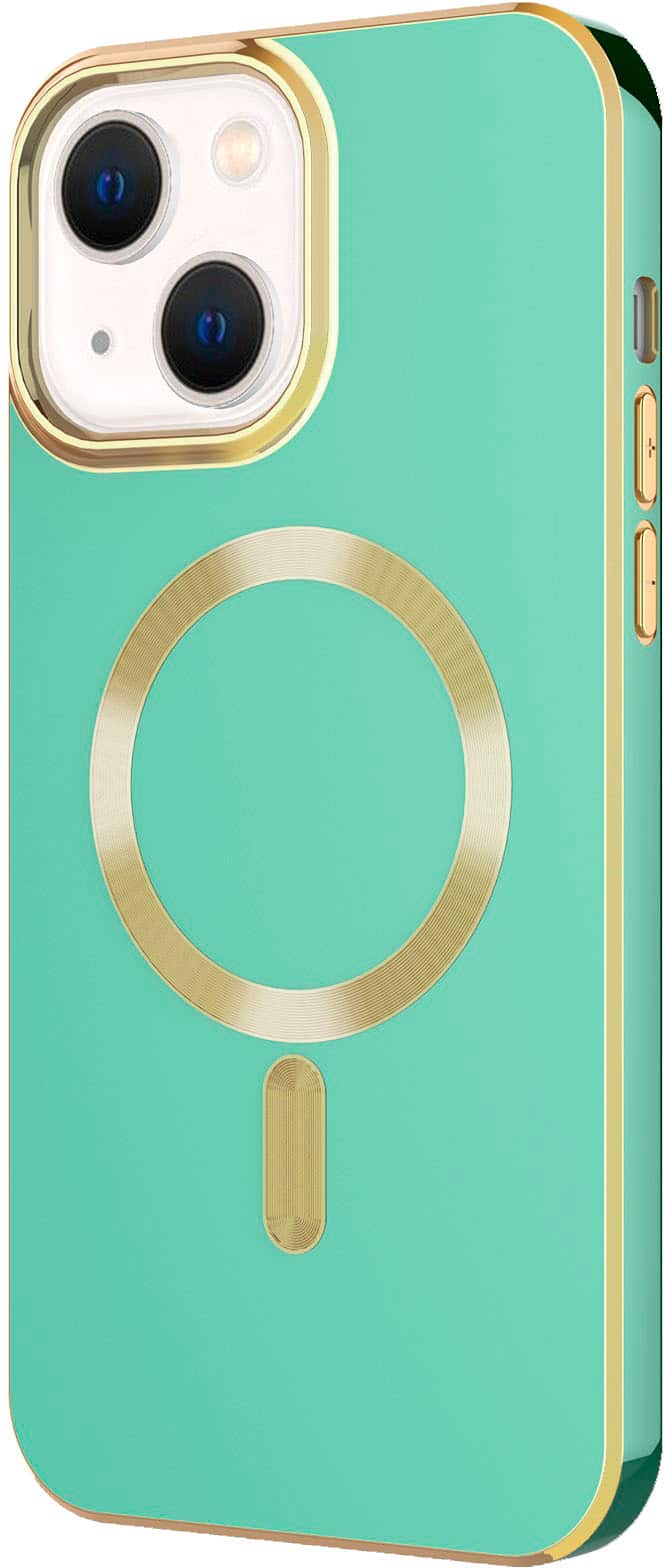 Left. AMPD - Gold Bumper Soft Case with MagSafe for Apple iPhone 14 / iPhone 13 - Light Green.