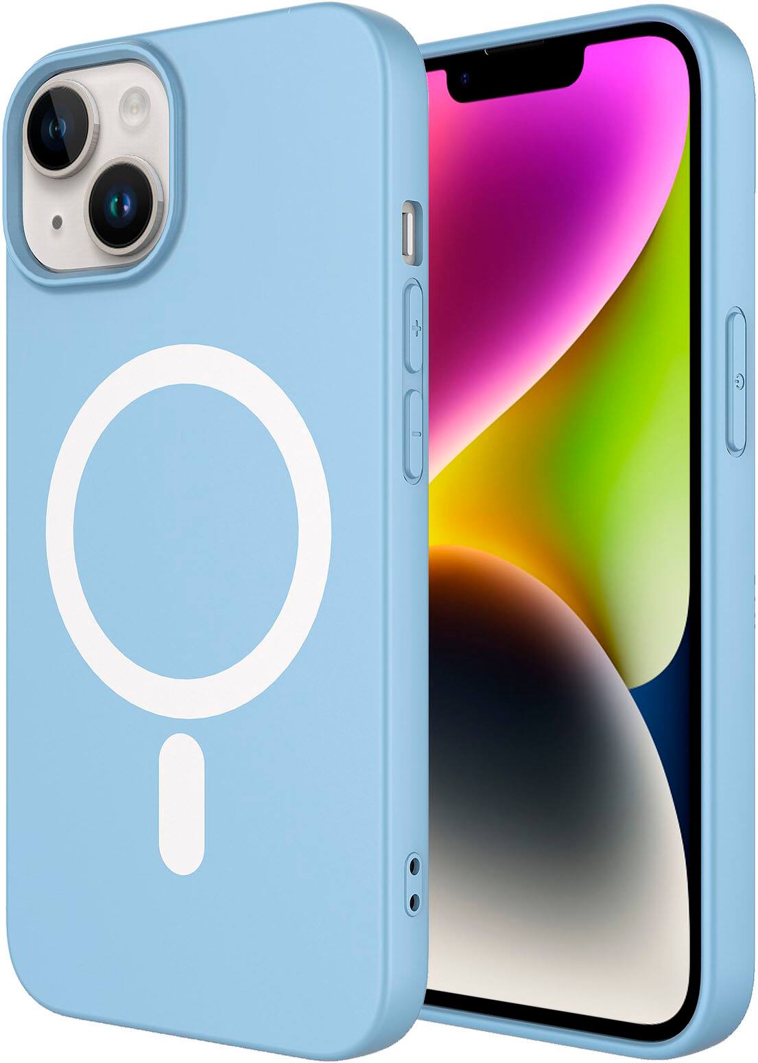 Angle. AMPD - Real Feel Soft Case with MagSafe for Apple iPhone 14 / iPhone 13 - Pastel Blue.