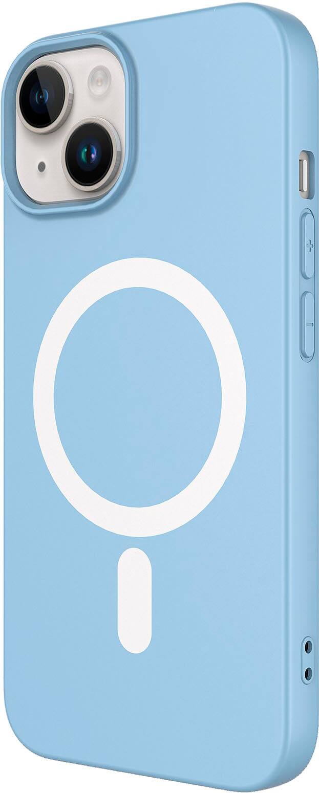 Left. AMPD - Real Feel Soft Case with MagSafe for Apple iPhone 14 / iPhone 13 - Pastel Blue.