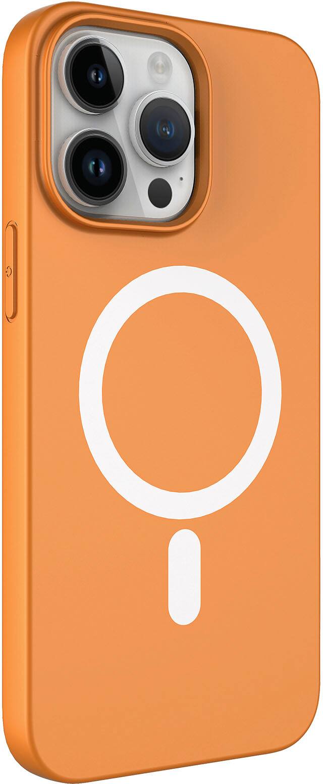 Left. AMPD - Real Feel Soft Case with MagSafe for Apple iPhone 14 Pro - Orange.