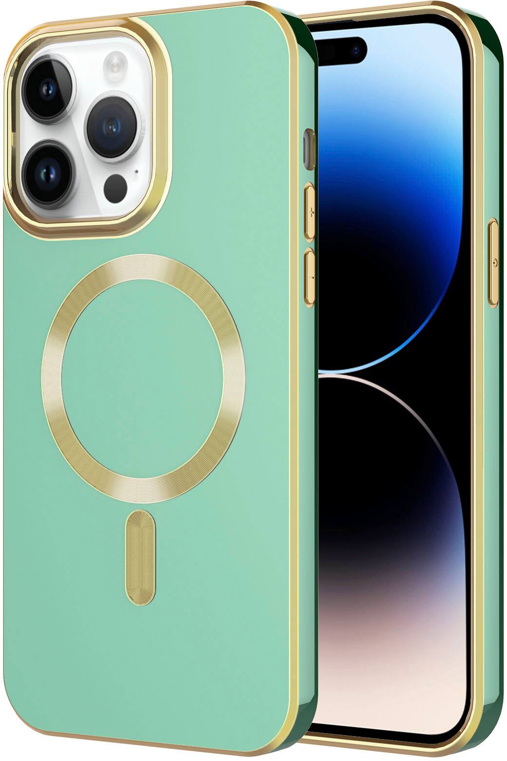 Angle. AMPD - Gold Bumper Soft Case with MagSafe for Apple iPhone 14 Pro Max - Light Green.