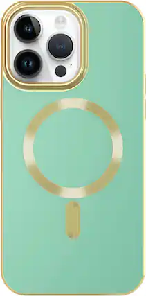 Front. AMPD - Gold Bumper Soft Case with MagSafe for Apple iPhone 14 Pro Max - Light Green.